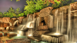 Waterfall rocks bench tree architecture - cherryl fountain free wallpaper