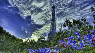 Eiffel tower paris blue flowers - impressionist painting free wallpaper