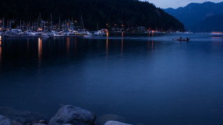 River cityscape mountain night lights - bascove free wallpaper for desktop