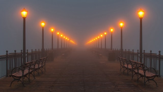 Foggy pier lamps bench lights - dennis ashbaugh free wallpaper for desktop