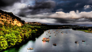 River boats cloudy sky mountain - a river free wallpaper for desktop