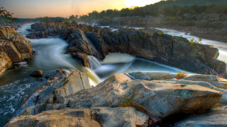 Waterfall river rocks trees sunset - allan brooks free wallpaper
