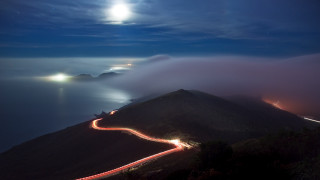 Mountain road night fullmoon lake - full free wallpaper