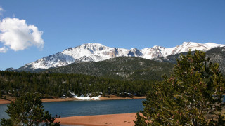 Lake mountains trees snow clouds - a few cloud free wallpaper