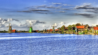River houses windmills cloudy sky - caspar van wittel free wallpaper