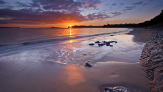 Sunset beach rocks water trees 2 - rock and water free wallpaper