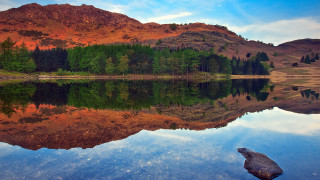 Mountain lake forest reflections sunset - a mountain range free wallpaper