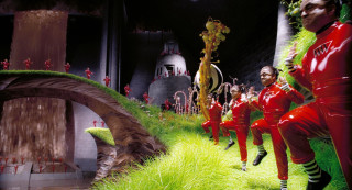 Group red outfits walking grass - a grass free wallpaper
