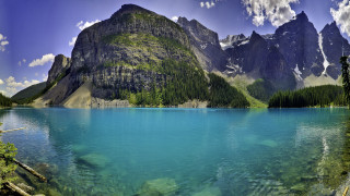 Mountain lake reflection forest bridge 4 - tree and mountains free wallpaper