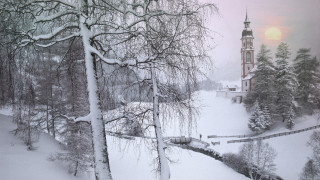 Snowy landscape church bridge forests - a bridge in the foreground free wallpaper