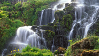 Waterfall greengrass cliff mountains nature - green grass free wallpaper for desktop