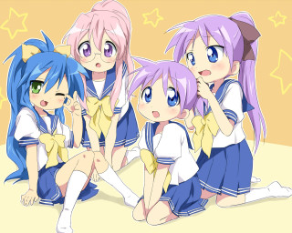 Anime girls floor stars yellow - a yellow wall free wallpaper