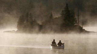 Canoe fog lake trees sky - a canoe free wallpaper