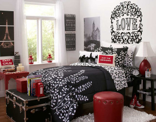 Bed black white red stool - high detail 8 k free wallpaper