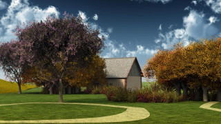 House field path trees clouds 2 - de hirsh margule free wallpaper