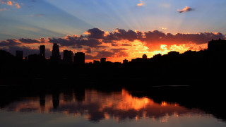 Sunset city lake clouds autumn - crepuscular ray free wallpaper