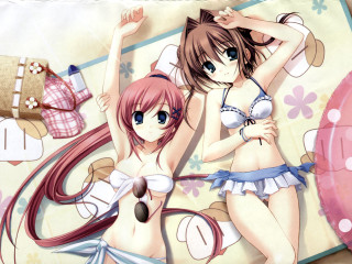 Anime girls beach pink umbrella - sots art free wallpaper