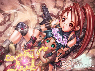 Anime girls guns flowers fantasy - their back free wallpaper