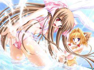 Anime girls water bikini rabbit - a sky background behind them free wallpaper