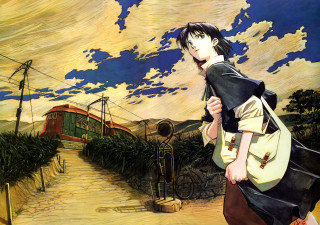 Woman train road clouds sunset - the sky above her free wallpaper