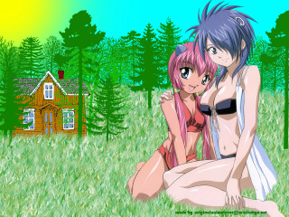 Anime girls sitting grass house - a house in the background free wallpaper