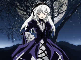 Gothic woman fullmoon night tree - a long dress free wallpaper