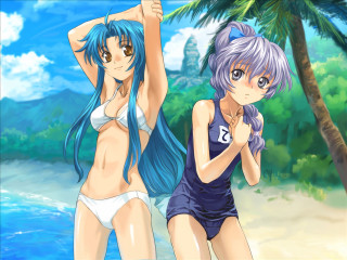 Anime girls beach palm sky - palm tree free wallpaper