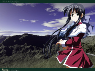 Black hair woman field mountains - the background and a sky free wallpaper