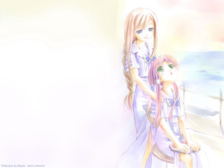 Anime girls ocean bench rainbow - a rainbow in the background free wallpaper