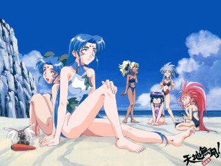 Anime girls beach bikini 1990s - a man in the background free wallpaper