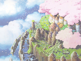 Castle sky clouds train flowers - ghibli free wallpaper