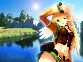 Fantasy woman bikini wings lake - a forest in the background free wallpaper