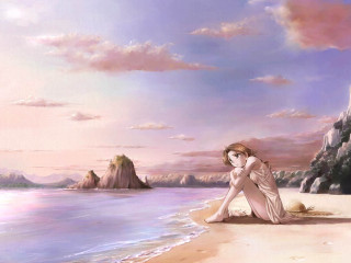 Beach woman mountain water sunset - christophe vacher free wallpaper