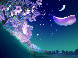Night moon tree lake fantasy - chiho aoshima free wallpaper