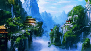 Mountain waterfall pagoda landscape painting - christophe vacher free wallpaper