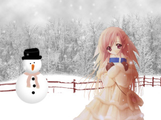 Snowman girl winter scene fence - a screenshot free wallpaper for desktop