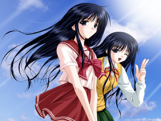 Anime girls sunny day blue 2 - a blue sky behind them free wallpaper