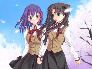 Two anime girls cherry blossoms - neoromanticism free wallpaper