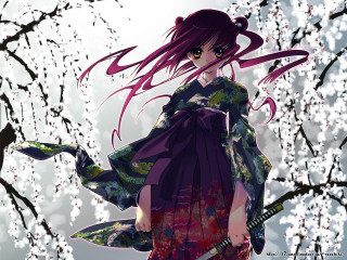 Woman kimono sword flower tree - a woman in a kimono holding free wallpaper