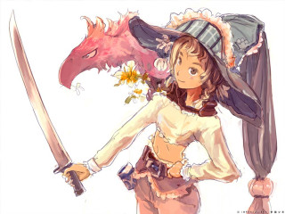 Woman sword flower dragon portrait - her hand and a dragon free wallpaper