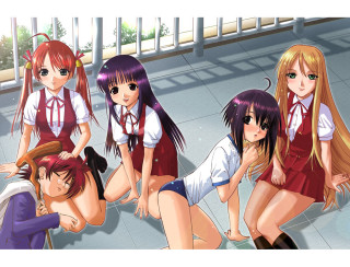 Anime girls room window group - behind them free wallpaper