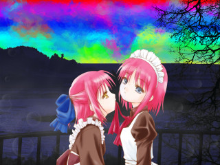 Pink hair anime girls kiss - a picture free wallpaper