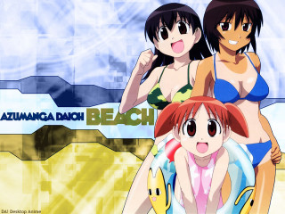 Three anime girls beach bikini 4 - a blue sky background free wallpaper