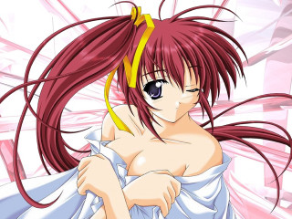 Woman longhair yellowheadband blush ponytail - anime visual free wallpaper