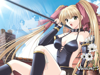Cosplay woman sword portrait blonde - a window behind her free wallpaper