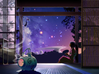 Girl starry sky teapot anime - chiho aoshima free wallpaper