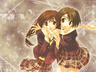 Anime girls hugging smiling school - a manga drawing free wallpaper for desktop