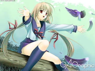 Girl bird log outdoors school - above her free wallpaper