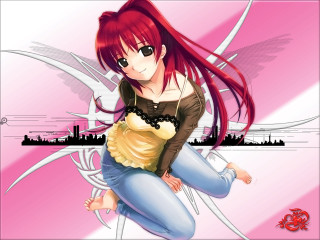 Red hair girl sitting cityscape - a city skyline in the background free wallpaper