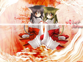 Anime girls autumn leaves kimono - their back free wallpaper